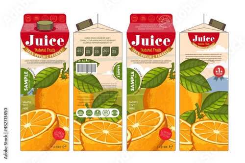 Citrus orange juice paper pack. Organic fruit juicy product wrap for merchandise