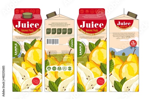 Pear juice package vector branding mockup design for fresh natural organic fruit drink