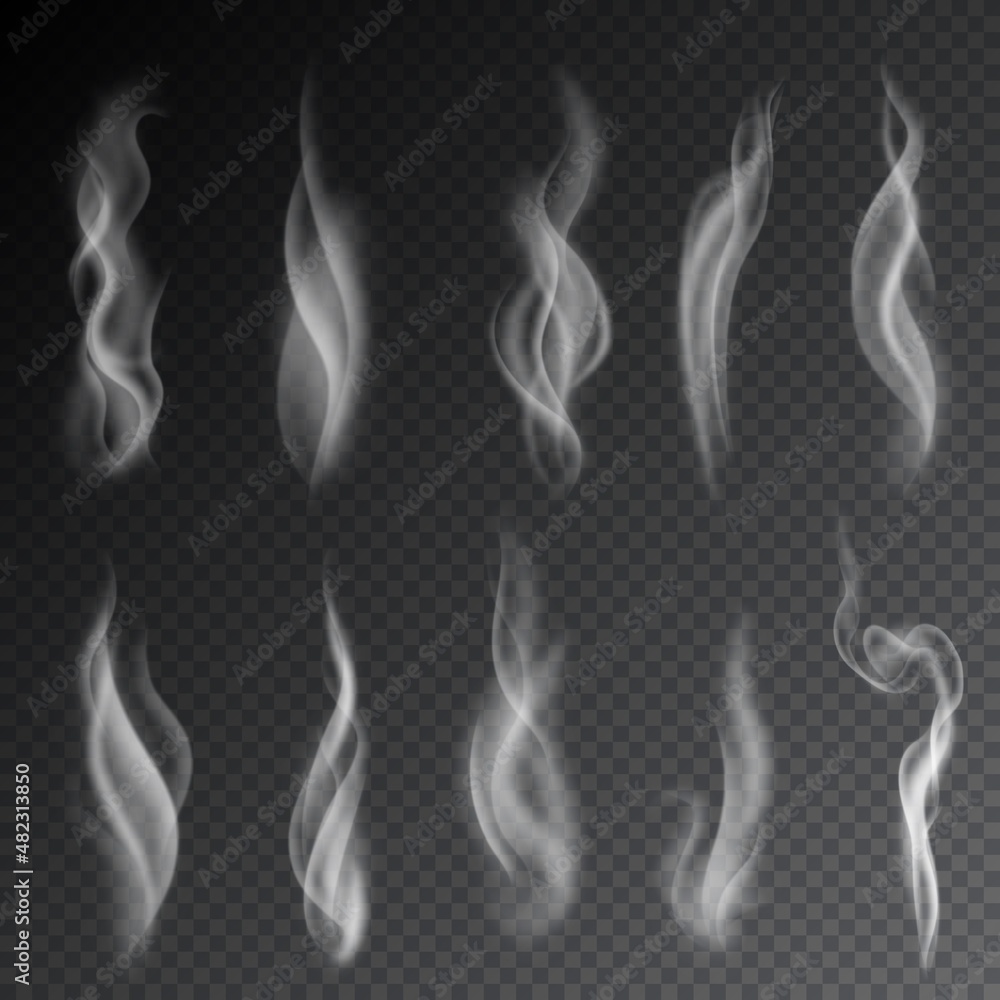 Smoke trace realistic design set. Different shape and form of steam from hot food or drink, cigarette Smoke trace realistic design set. Different shape and form of steam from hot food or drink, cigarette