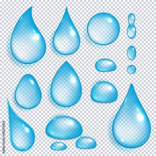 Pure transparent water drops, rain bubble or liquid droplet. Set of clear aqua or tear blob different shape and form
