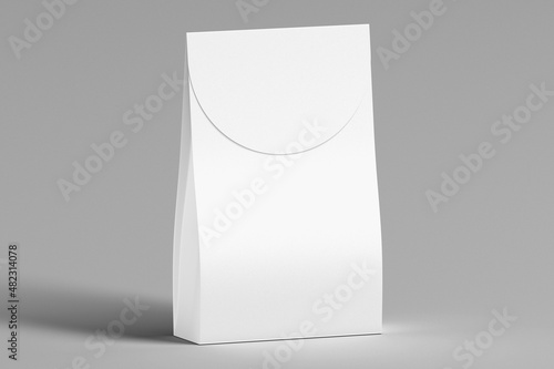 Empty blank white paper pouch packaging mockup with clipping path isolated on a grey background. 3d rendering. zero waste and eco friendly concept.