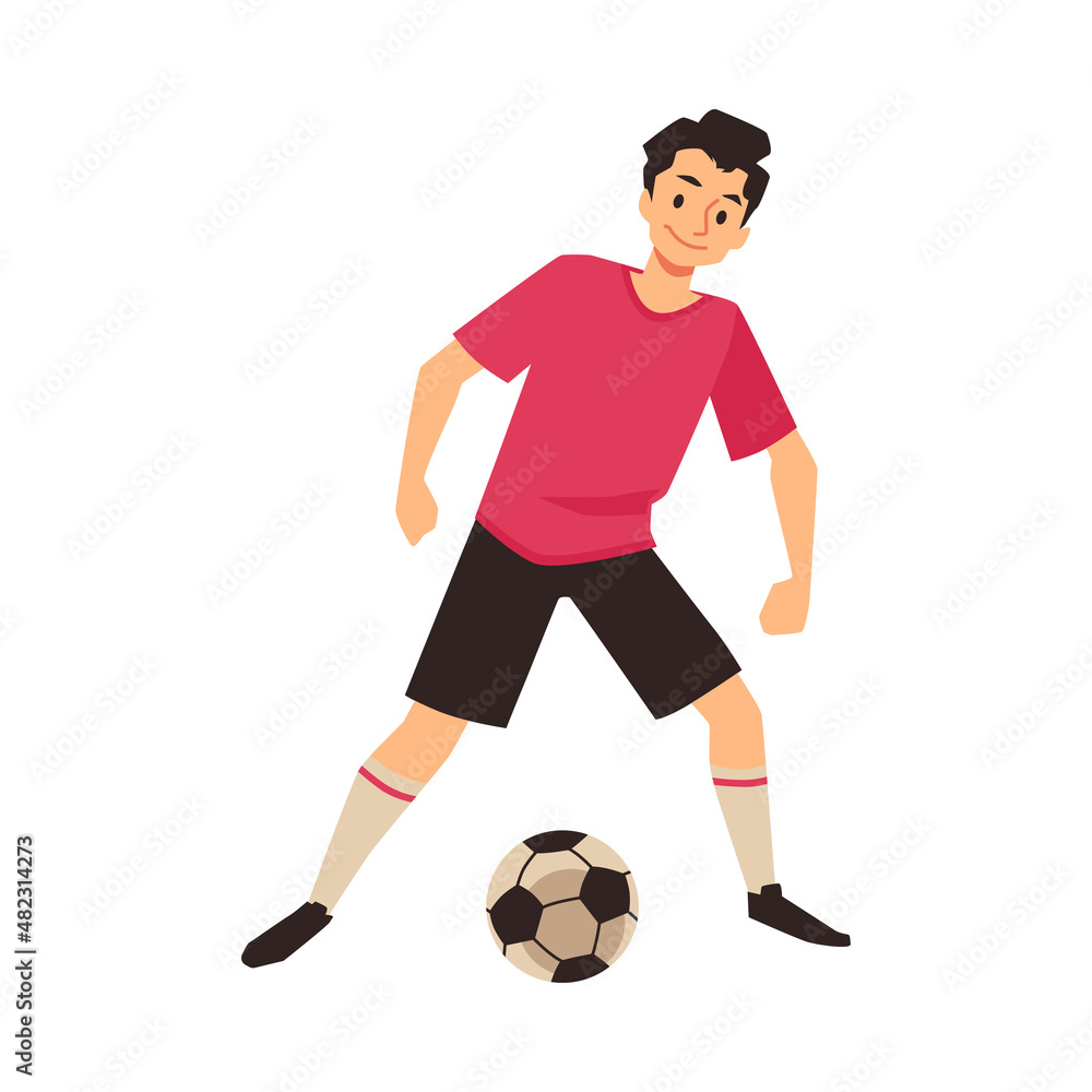 Soccer player with ball, boy athlete in uniform is training in flat vector