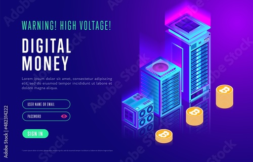 Cryptocurrency and blockchain technology. Digital money mining farm landing page design