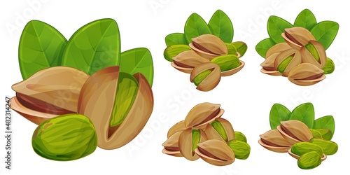 Pistachios in shell whole and cracked isolated set on white background