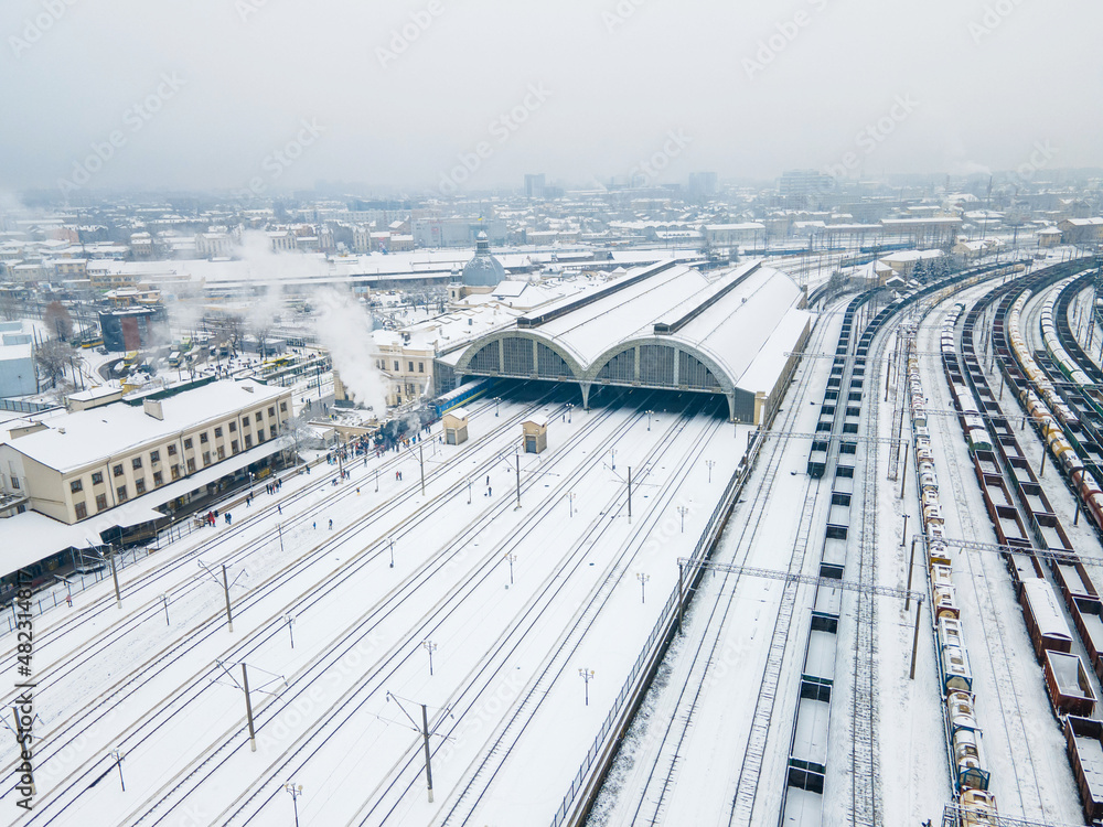 Fototapeta premium old steam retro train at Lviv railway station