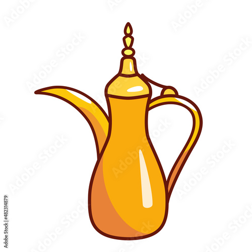 Arabic coffee pot icon, vector illustrtion of golden dallah coffee pot in oriental style