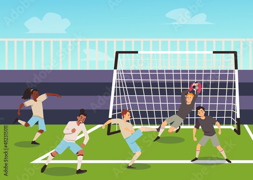 Football or soccer match or competition at stadium, flat vector illustration.