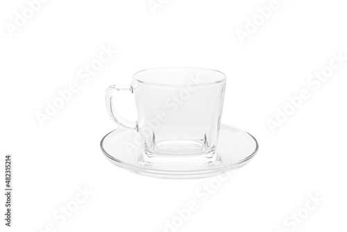 Empty glass coffee cup with saucer on white background