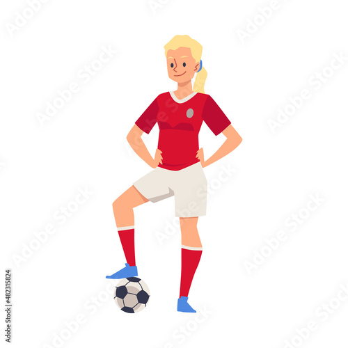 Fototapeta Naklejka Na Ścianę i Meble -  White blonde female soccer player stand in balance with her hands on hips and one leg on the ball. Vector illustration.
