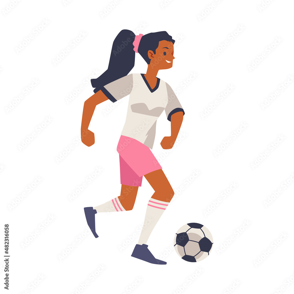Woman athlet player runs with soccer ball, passes, kicks, scores goal in flat