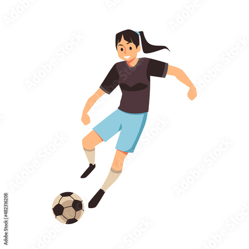 Girl player in sports uniform plays soccer with ball in vector illustration © sabelskaya