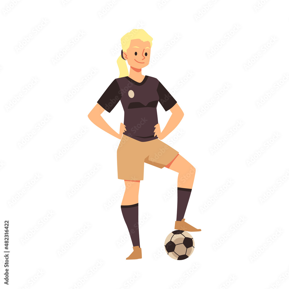 Girl soccer player stands with his foot on ball in flat vector illustration