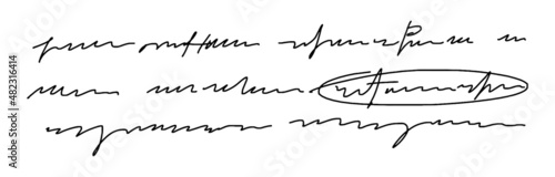 Unreadable text written with a pen. An excerpt of handwritten text with the word highlighted. Vector illustration of a letter with unreadable handwriting isolated on a white background. photo