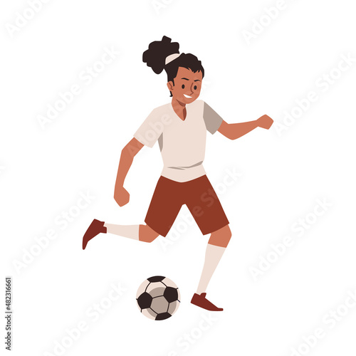 Black girl soccer player running and kicking the ball, vector illustration. Female football player cartoon avatar.