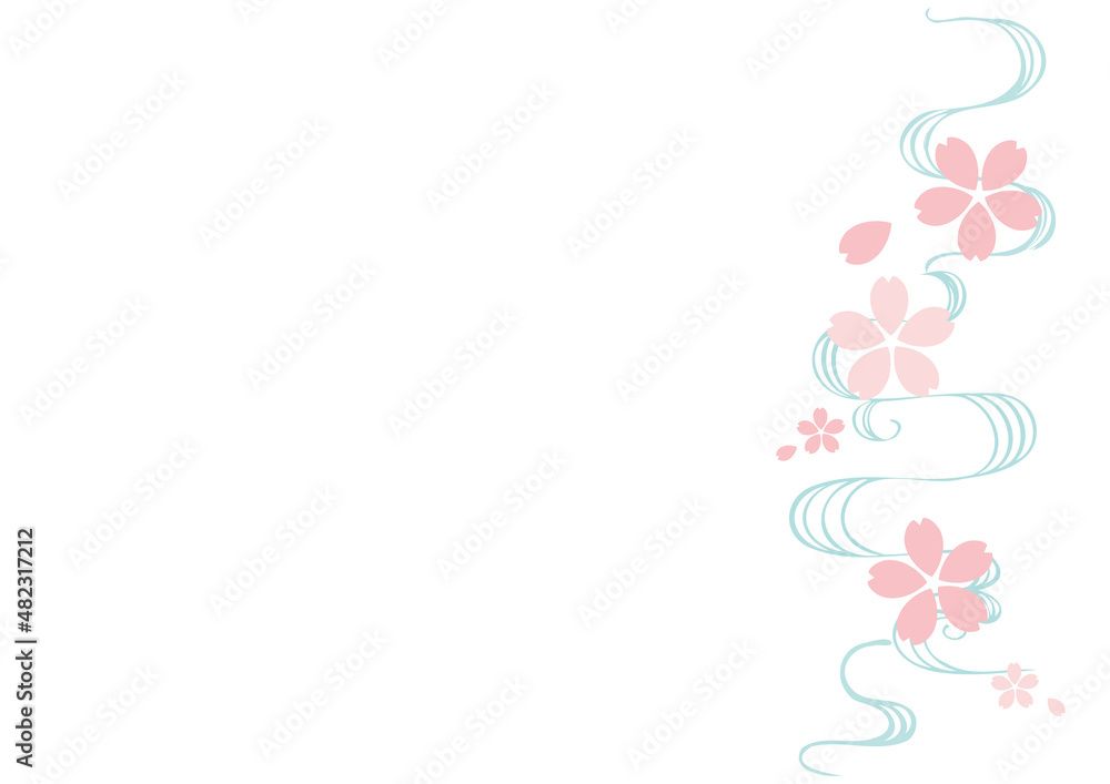桜と手描きの流水模様、背景白