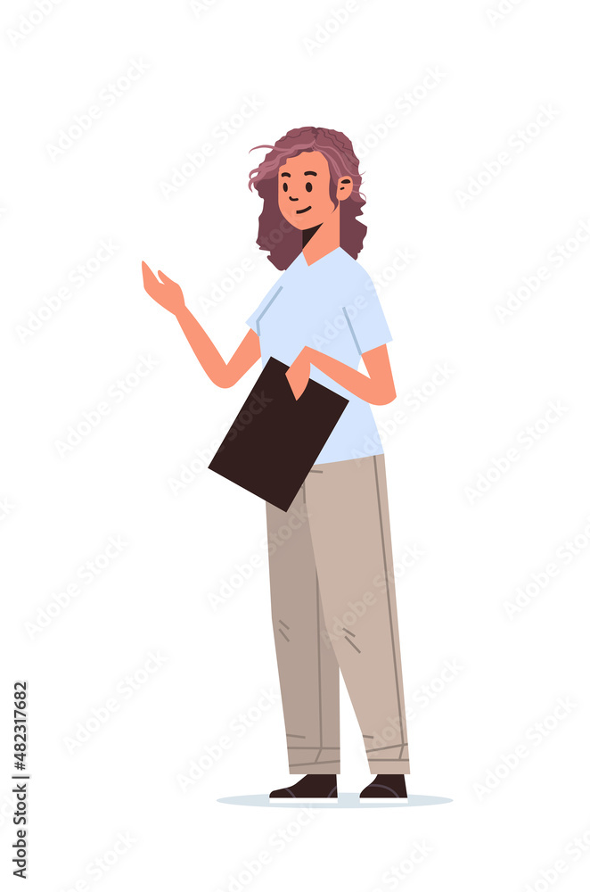 young businesswoman with folder pointing hand on something female character standing pose vertical young businesswoman with folder pointing hand on something female character standing pose vertical
