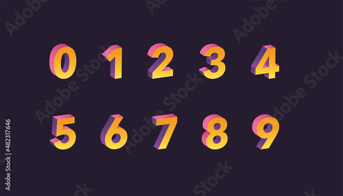 Isometric numbers from zero to nine, 3D gradient color set