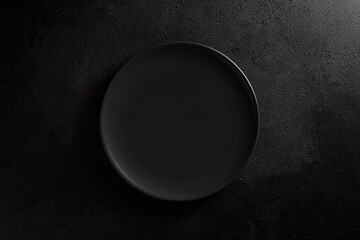 Empty black plate on black textured background. Moody, top down view.