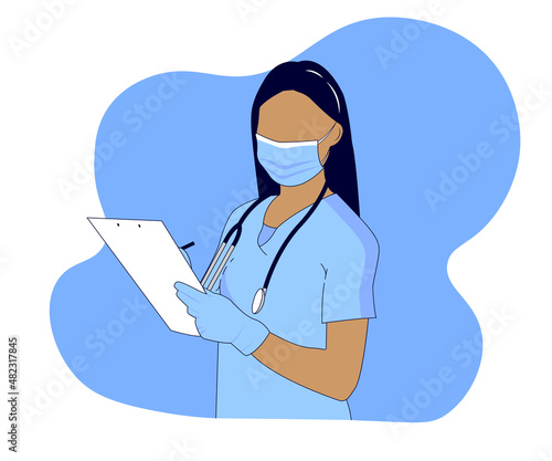 Young female doctor standing with stethoscope. Vector illustration in flat style. medicine, occupation concept for banner, website design or landing web page. Hospital doctor staff.