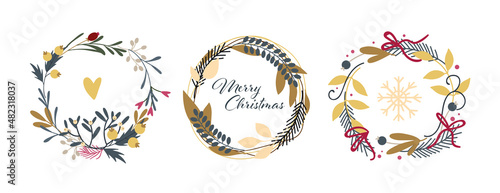 Christmas wreath decoration elements set for greeting card vector illustration. Hand drawn Xmas garland circles with mistletoe, pine or fir twig, festive floral ornament decor isolated on white