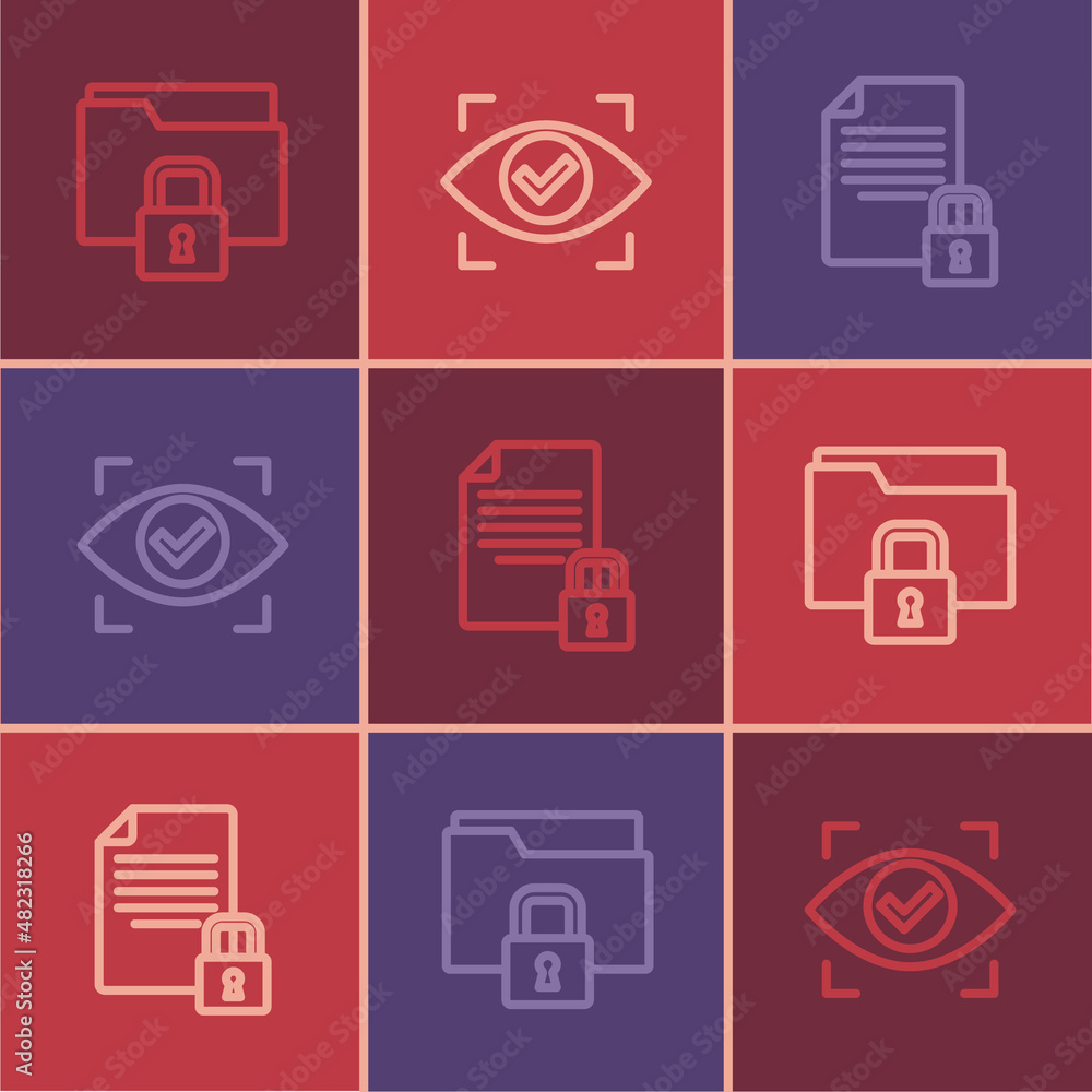 Set line Folder and lock, Document and Eye scan icon. Vector Set line Folder and lock, Document and Eye scan icon. Vector