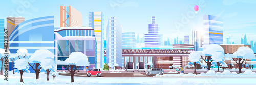 future city in winter season futuristic unusual shapes buildings modern architecture urban town cityscape