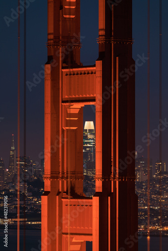 The Golden Gate Bridge North Tower Closeup in the Blue Hour via Hawk Hill, Marin County, California, USA.