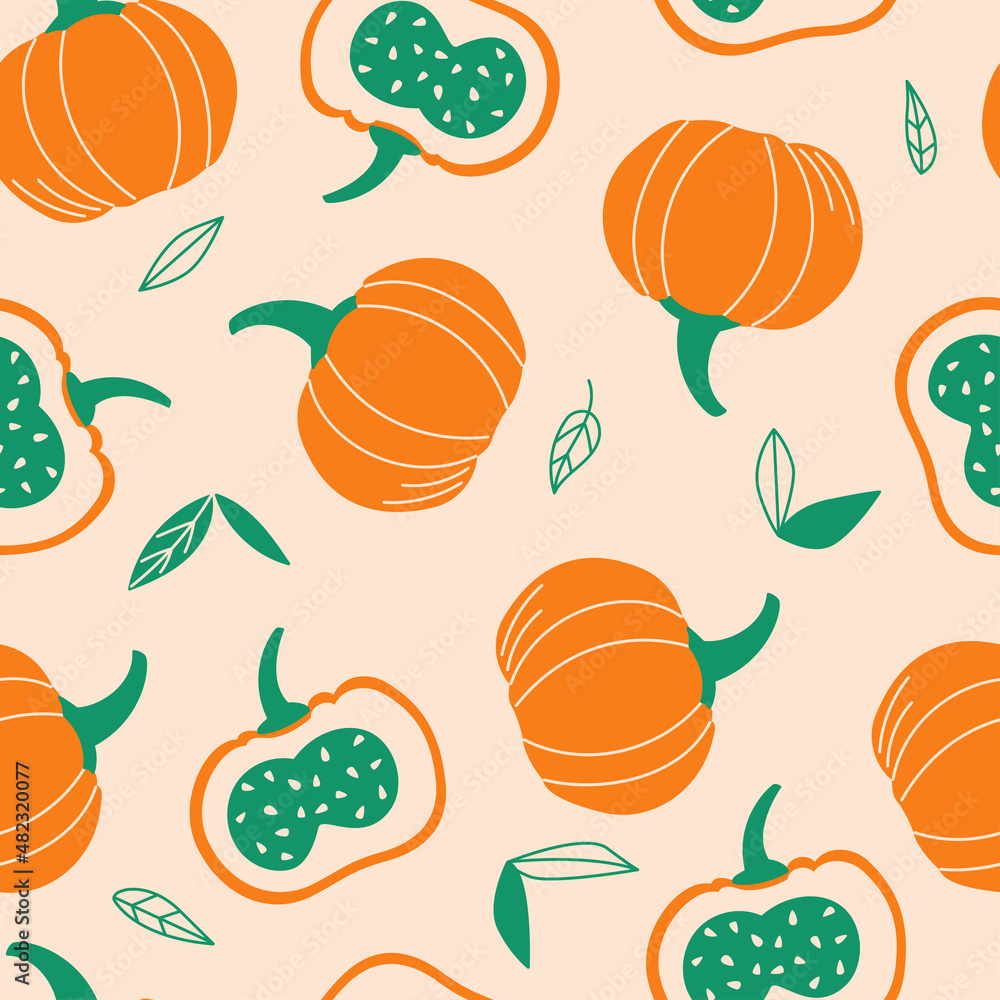 Seamless pattern with pumpkin. Simple vector flat illustration with orange vegetables
