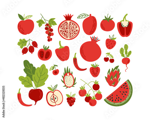Set of various red vegetables, fruits, berries in flat style. Scarlet vegetable products. Vector illustration with apple, tomato, pepper, watermelon, and other plant food