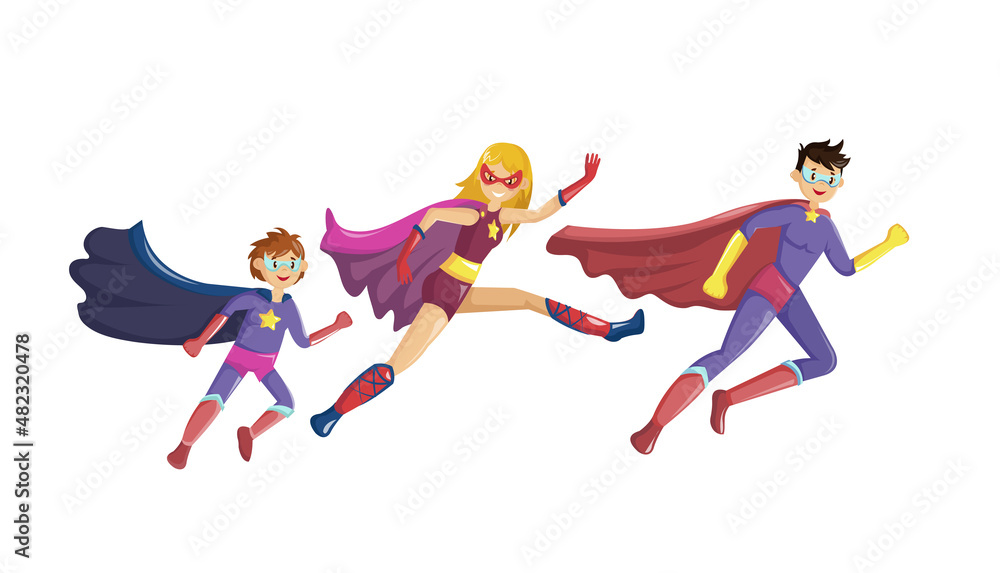 Superheroes parents and their children run to the rescue