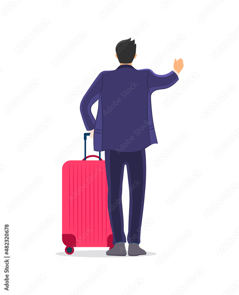 Businessman with luggage looking for taxi vector Businessman with luggage looking for taxi vector