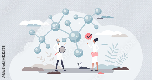 Materials science for structure and properties research tiny person concept. Scientists work with new technology for improved physical characteristics vector illustration. Molecular microbiology model