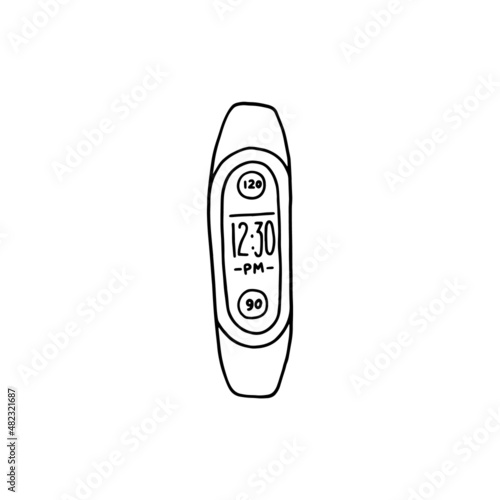 Smart wrist watch on bracelet doodle style vector illustration isolated.