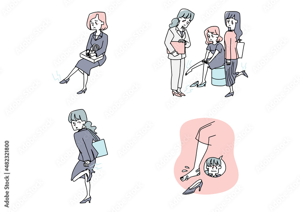 ハイヒールで足が痛い女性たちのセット コミカルな手書きの人物 ベクター、線画にシンプルな色つけ ハイヒールで足が痛い女性たちのセット コミカルな手書きの人物 ベクター、線画にシンプルな色つけ