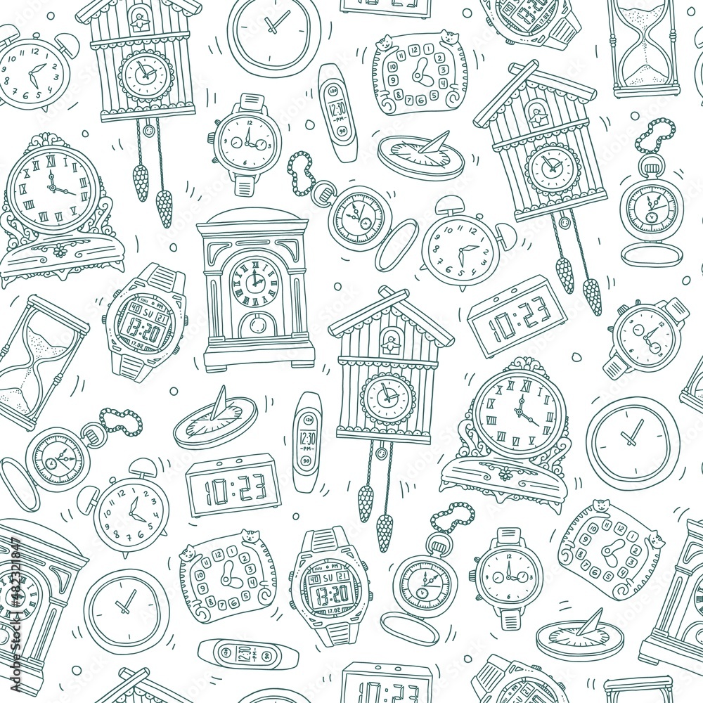 Seamless repeatable pattern with clocks, hand drawn vector illustration. Seamless repeatable pattern with clocks, hand drawn vector illustration.