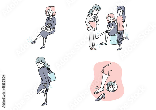 ハイヒールで足が痛い女性たちのセット　コミカルな手書きの人物　ベクター、線画にシンプルな色つけ　