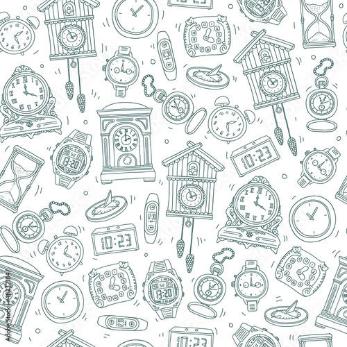 Seamless repeatable pattern with clocks, hand drawn vector illustration.