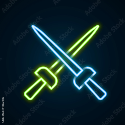 Glowing neon line Fencing icon isolated on black background. Sport equipment. Colorful outline concept. Vector