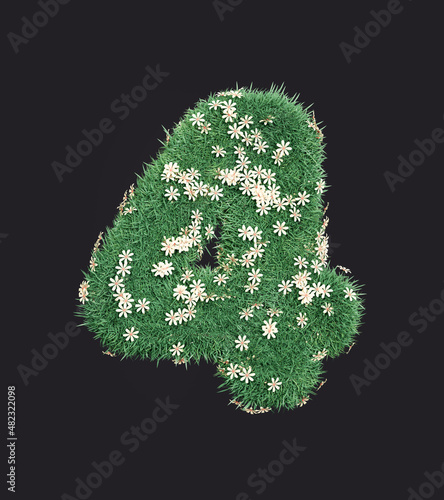 Grass number four with white color flowers on it. Eco symbol 4 withthe green lawn texture and flowers,3d Rendering photo