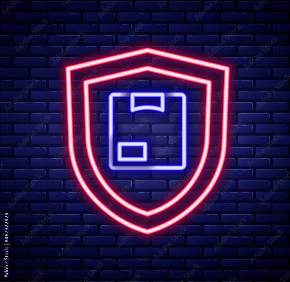 Glowing neon line Delivery security with shield icon isolated on brick wall background. Delivery insurance. Insured cardboard boxes beyond the shield. Colorful outline concept. Vector Glowing neon line Delivery security with shield icon isolated on brick wall background. Delivery insurance. Insured cardboard boxes beyond the shield. Colorful outline concept. Vector