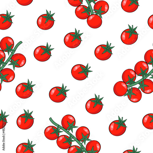 Seamless pattern of cherry tomatoes on a branch.Vegetable vector pattern can be used in textiles, packaging, postcards.