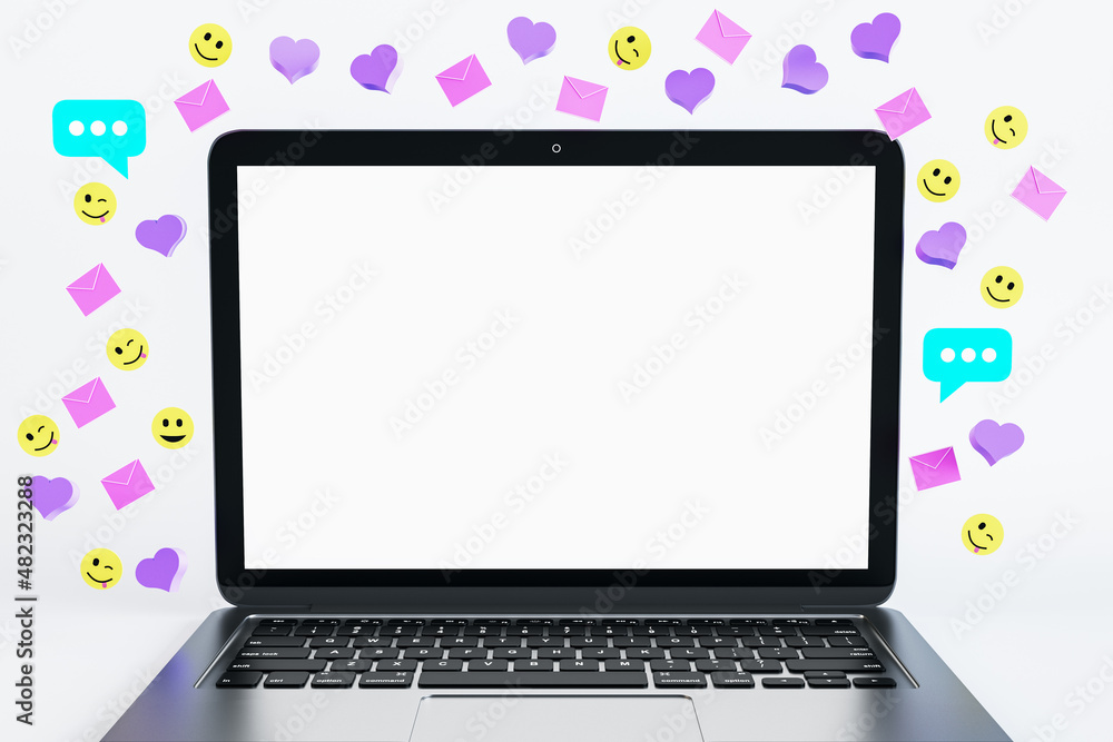 Close up of empty white mock up notebook screen with colorful social media icons on light background. Communication, follow and connection concept. 3D Rendering. Close up of empty white mock up notebook screen with colorful social media icons on light background. Communication, follow and connection concept. 3D Rendering.