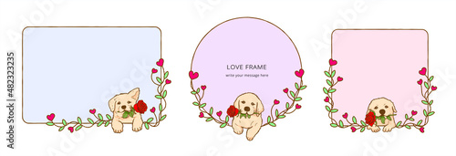 Frame with  Cartoon golden retriever dog holding red rose flower in mouth, Lovely dog in love on valentines day gives gift illustration Frame