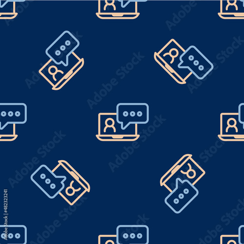 Line Video chat conference icon isolated seamless pattern on blue background. Online meeting work form home. Remote project management. Vector © Iryna