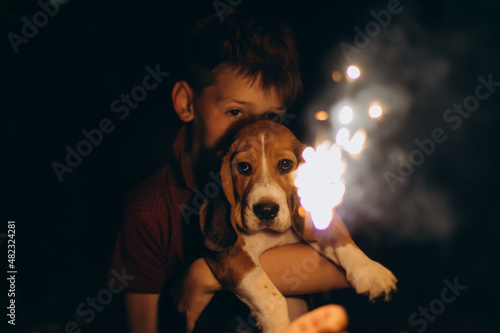 Caucasian boy and dog (beagle puppy) looking at bengal lights. Boy hugs his puppy. Evening event on fire background