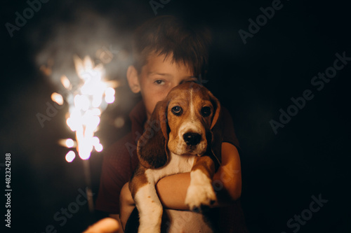 Caucasian boy and dog (beagle puppy) looking at bengal lights. Boy hugs his puppy. Evening event on fire background
