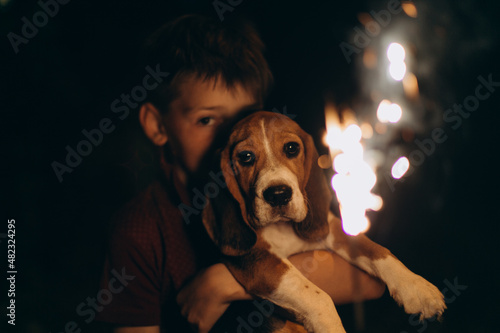 Caucasian boy and dog (beagle puppy) looking at bengal lights. Boy hugs his puppy. Evening event on fire background