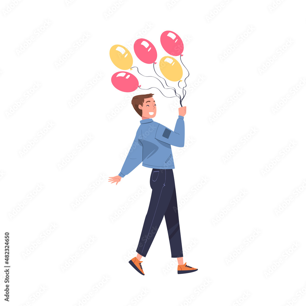Man Walking with Bunch of Balloons Celebrating Holiday Vector Illustration Man Walking with Bunch of Balloons Celebrating Holiday Vector Illustration
