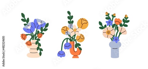 Bright flower bouquets set. Blossomed floral bunches in modern vases. Summer blooms, romantic gifts. Showy garden flora posies. Colored flat graphic vector illustrations isolated on white background