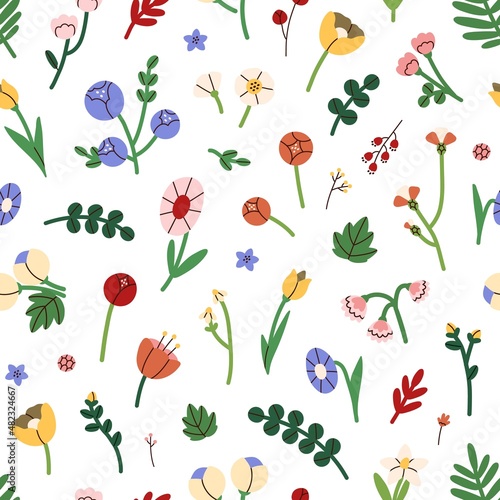 Wallpaper Mural Seamless summer floral pattern. Bright flowers print on white background. Repeating design with multicolored blooming plants. Endless romantic texture. Colored flat vector illustration for fabric Torontodigital.ca